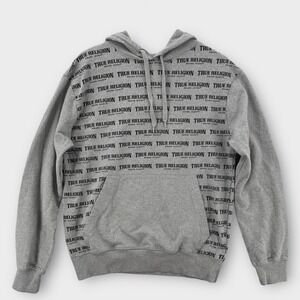 True Religion Sweatshirt Mens Large Gray Hoodie Spell Out Terry Print All Over